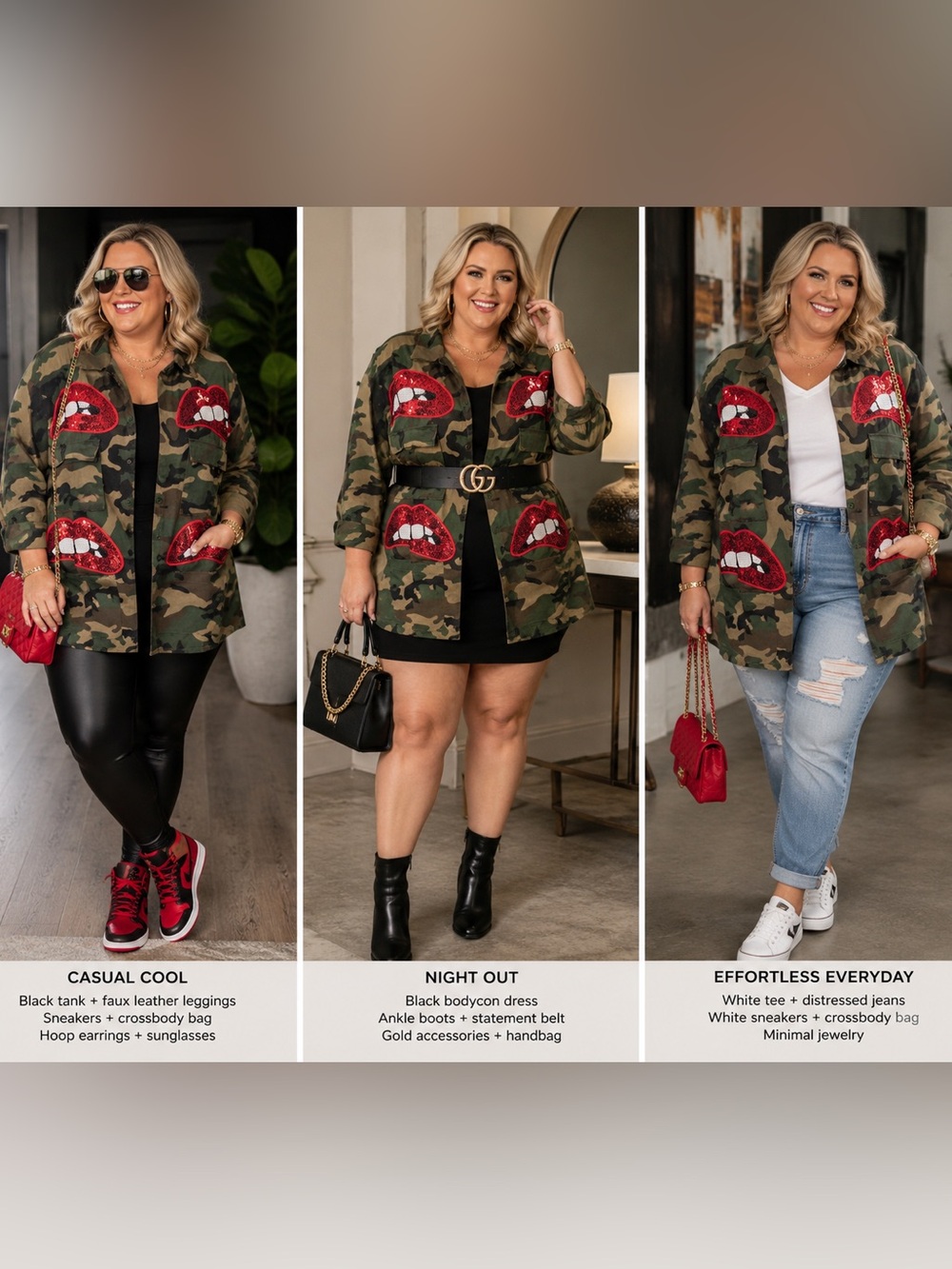 Plus Size Boutique Camo Jacket with sequin lips